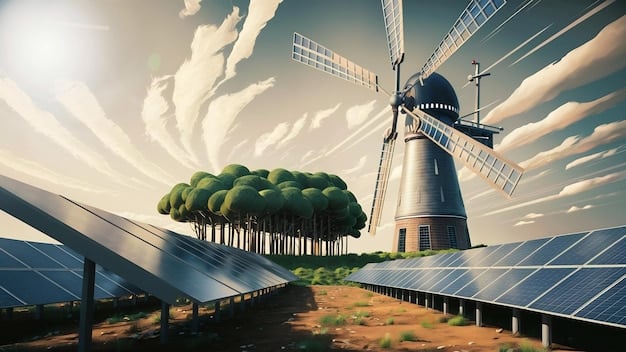 A collage showing wind turbines generating electricity in a field, a solar panel installation on a rooftop, and a group of scientists working in a lab. Each image is well-lit and professionally composed, showcasing the future of energy and technology.