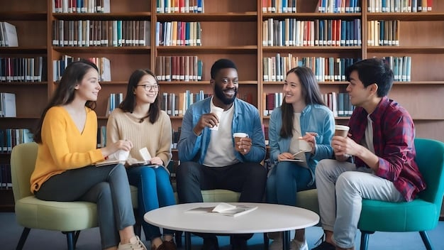 A group of diverse college students gathered around a table in a modern university library, focusing on a laptop screen displaying data analysis. Some are smiling and engaging in discussion, while others are taking notes. Natural light filters through large windows, highlighting the collaborative environment.