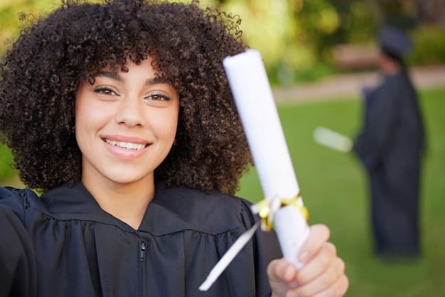 A close-up shot of a Brazilian student smiling and holding a diploma on an American university campus. The student wears a graduation robe and cap, with the university's iconic architecture visible in the background. The sun shines brightly, creating a hopeful and celebratory atmosphere.