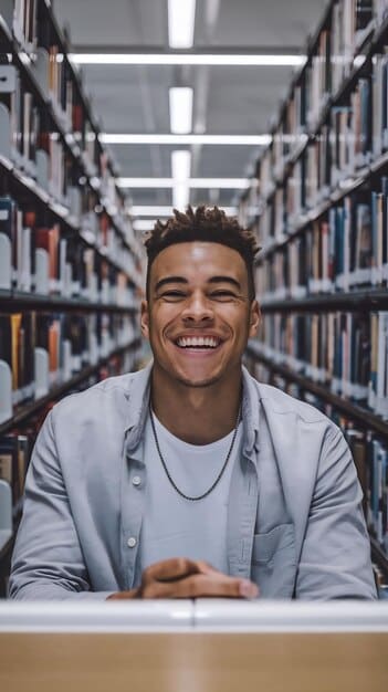A smiling Brazilian student wearing a college sweatshirt, studying at a table in a university library surrounded by books.
