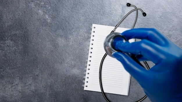 A close-up shot of a doctor's hands writing on a medical chart, with a stethoscope around their neck.