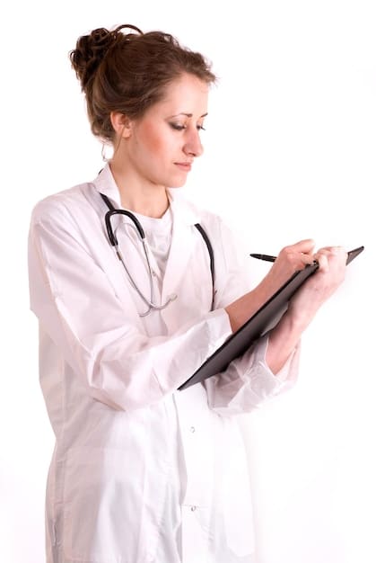 A doctor in a white coat, holding a clipboard and reviewing a patient's medical chart with a thoughtful expression, with a stethoscope around their neck and a bright, clinical setting in the background.