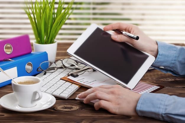 A person sitting at a desk, filling out a digital form on a tablet with the INSS logo, surrounded by documents and a calculator, symbolizing the application process for Salário-Família.