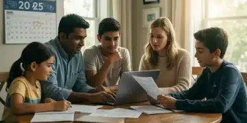 American family reviewing 2025 tax documents, planning finances for upcoming changes.