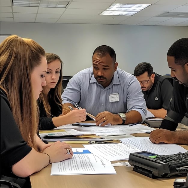A diverse group of professionals taking a licensing exam in a brightly lit testing center. The atmosphere is focused and serious, with each person concentrating on their test.
