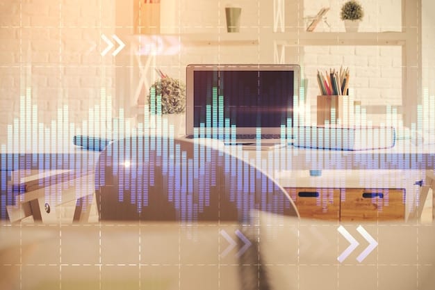 A digital display showing a graph with upward trending arrows and dollar signs, positioned in front of a blurred office background.