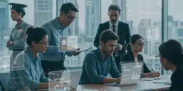 Professionals learning about digital micro-credentials in a collaborative modern setting, symbolizing future job market skills.