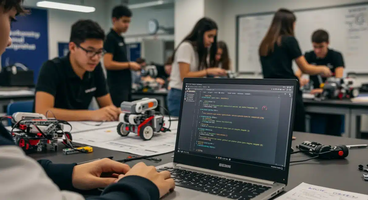 Student engaged in coding within a vibrant STEM lab with robotics projects