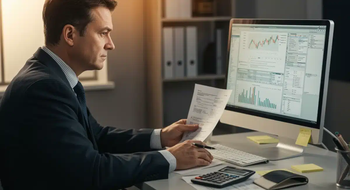 Individual analyzing tax forms and financial data on a computer screen for 2025.
