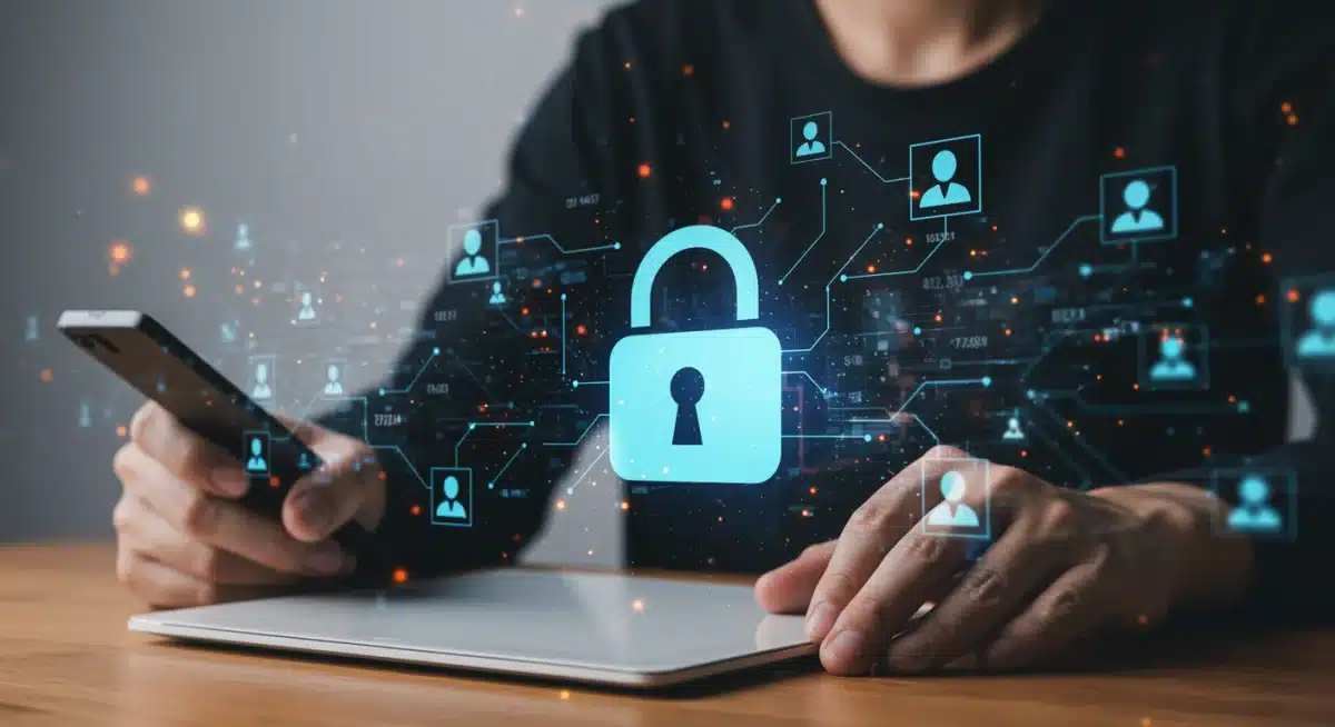 Data security padlock over digital information network