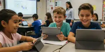 Students learning digital literacy in a modern US classroom