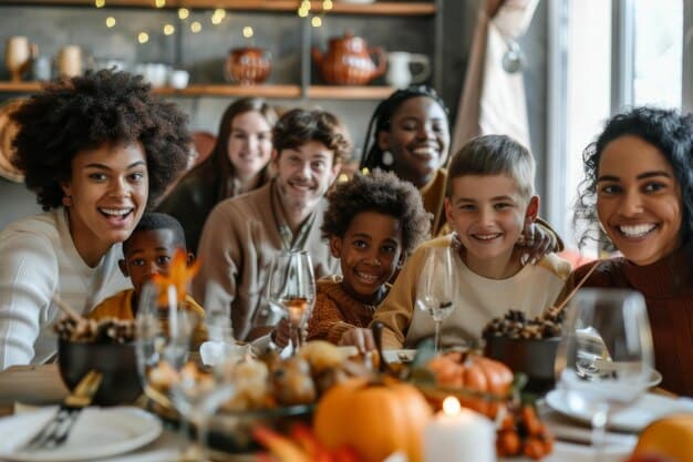 A group of Brazilian students celebrating Thanksgiving with an American family in a cozy home setting. The scene represents cultural exchange and building lasting relationships.