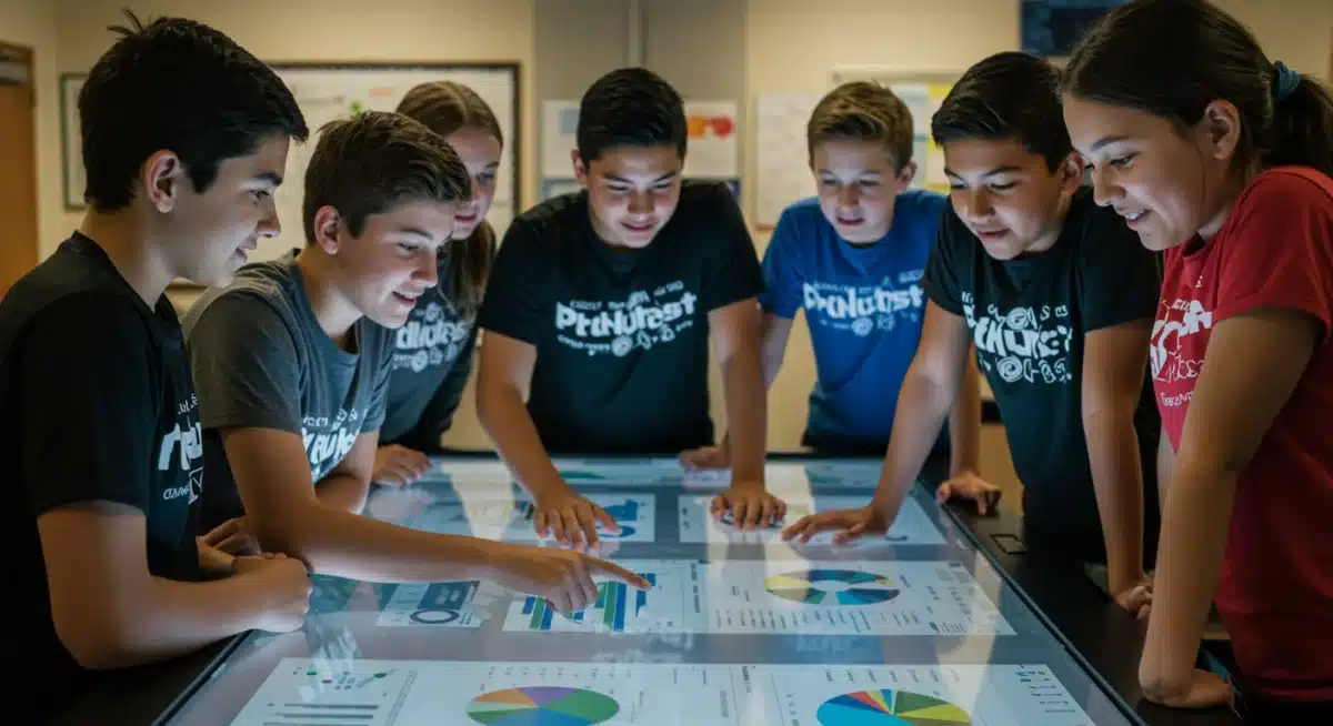 Middle school students collaborating on data visualization using an interactive screen