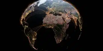 Global trade routes converging on the US, representing new international trade agreements by 2025.