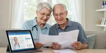 Senior couple discussing Medicare Advantage plan documents for 2026