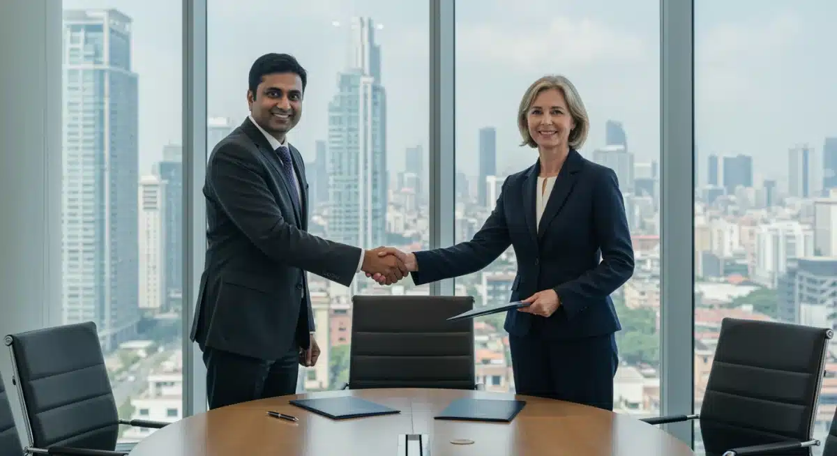 Business leaders shaking hands over a conference table, symbolizing successful trade agreement negotiations.
