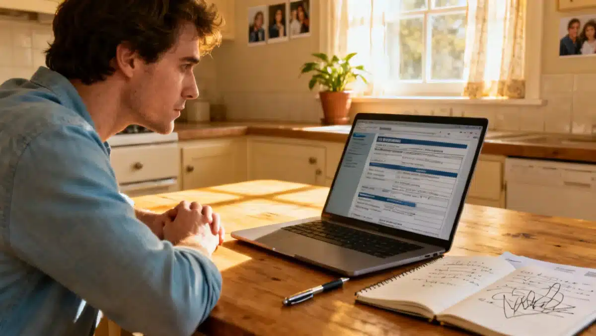 Person diligently completing an online application for rental assistance at a kitchen table.