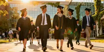Graduate students walking on campus, symbolizing academic aspirations and financial support.