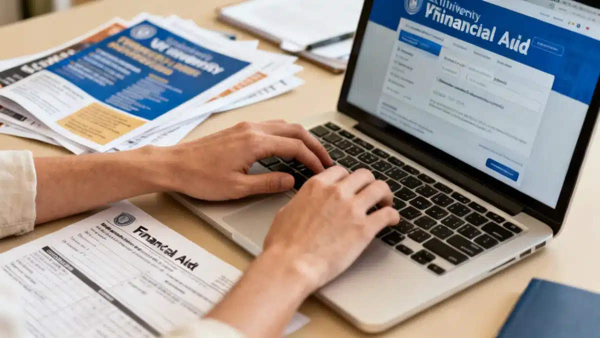 Student researching financial aid options on a laptop with application forms.