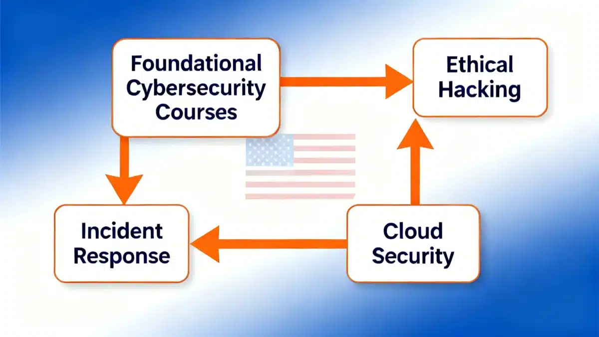 Digital learning pathways for cybersecurity education, showing progression from basic to advanced skills.