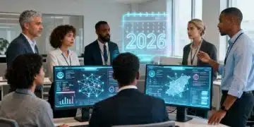 Diverse professionals collaborating on cybersecurity in a modern US office in 2026, analyzing data.