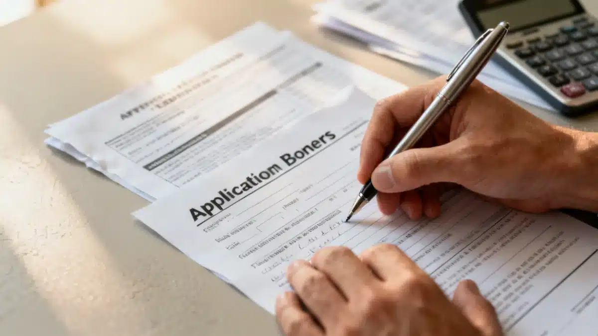 Hands filling out a benefits application form, symbolizing the process of applying for survivor benefits.
