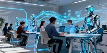 Diverse professionals collaborating with advanced AI and robots in a modern office, representing the future of work.