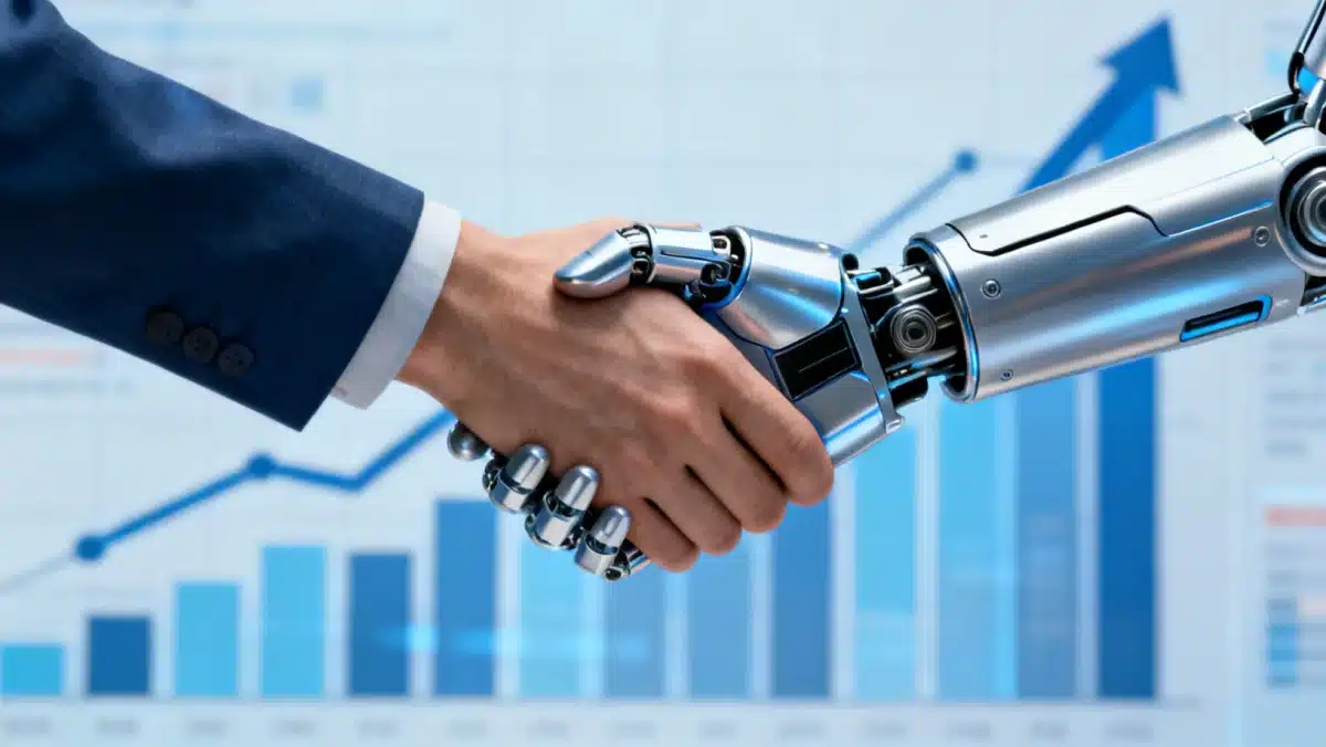 Human and robot hands shaking, symbolizing collaboration in an evolving job market.