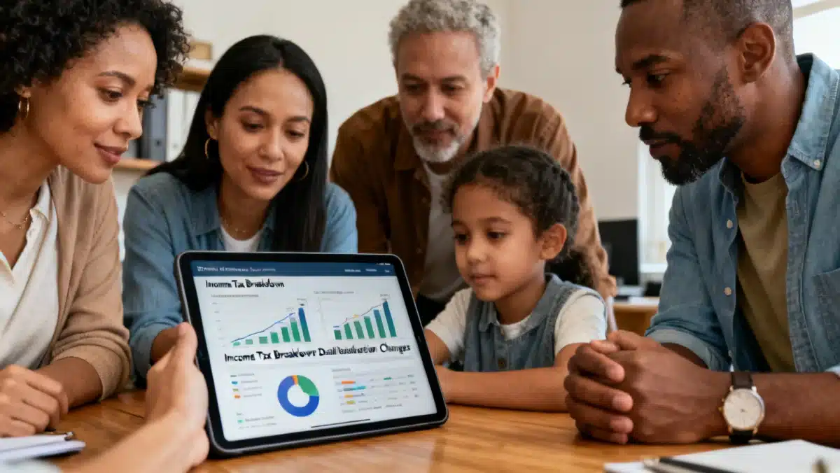 Diverse individuals analyzing tax implications on a digital tablet, reflecting the broad impact of new policies.