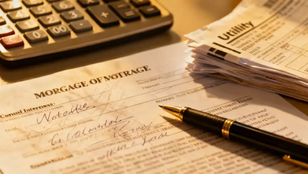 Mortgage document with pen and calculator for tax deduction calculations