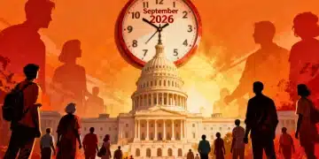 US Capitol building with a ticking clock for September 2026 immigration reform deadline, diverse people silhouettes.