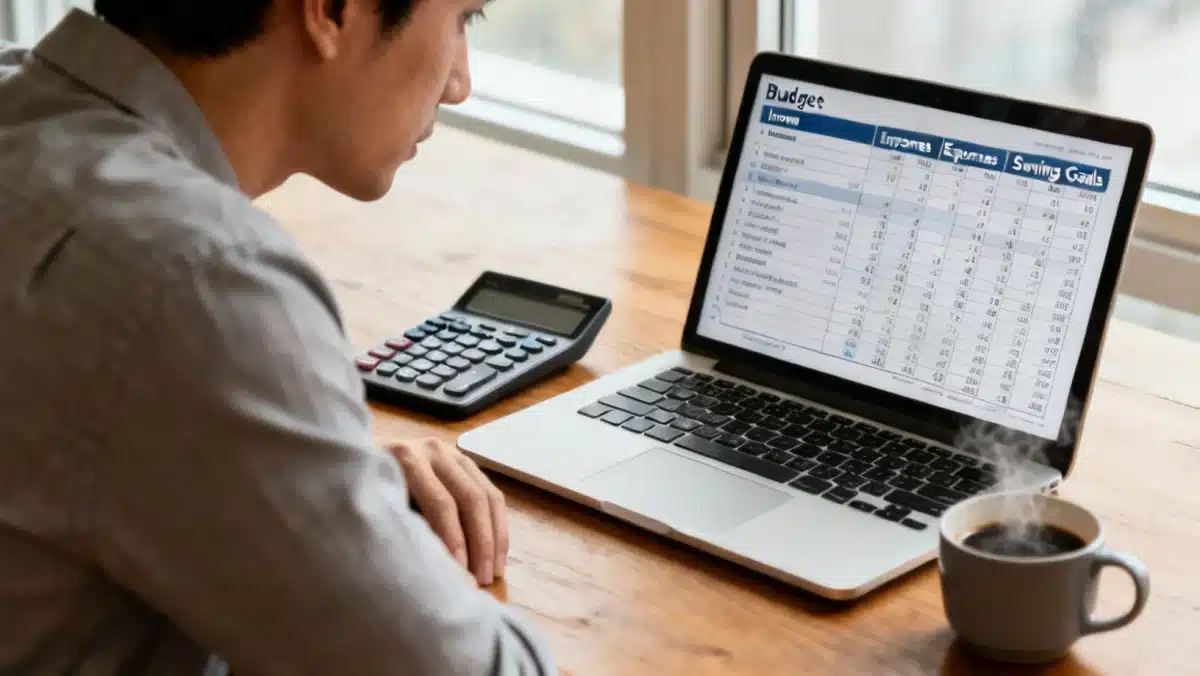 Person analyzing a detailed budget to identify areas for saving towards an emergency fund.