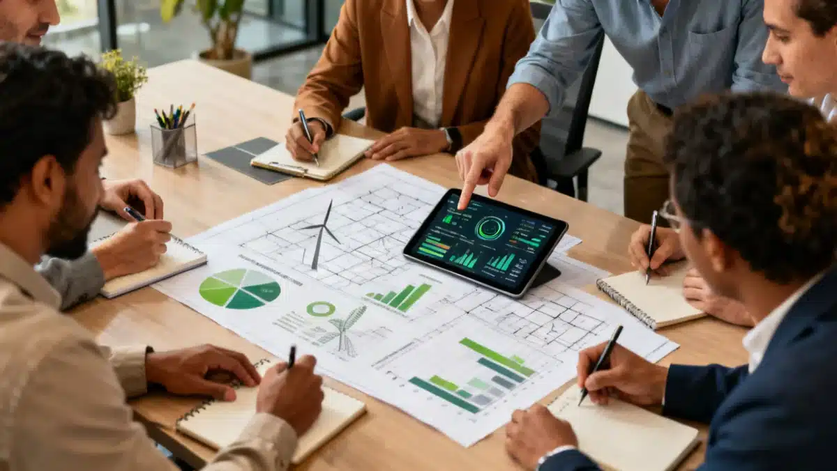 Business team collaborating on emissions reduction strategies