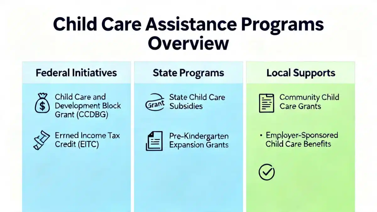 Infographic detailing federal, state, and local child care assistance programs for families.