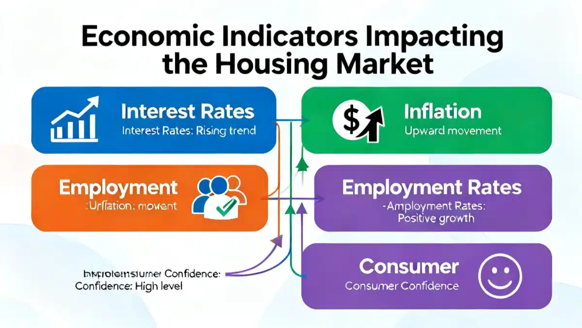 Infographic showing economic indicators such as interest rates, inflation, and employment impacting the 2026 housing market