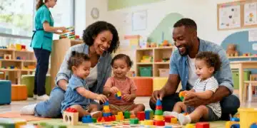 Parents and children happily engaging in a modern childcare center, symbolizing accessible and quality child care.