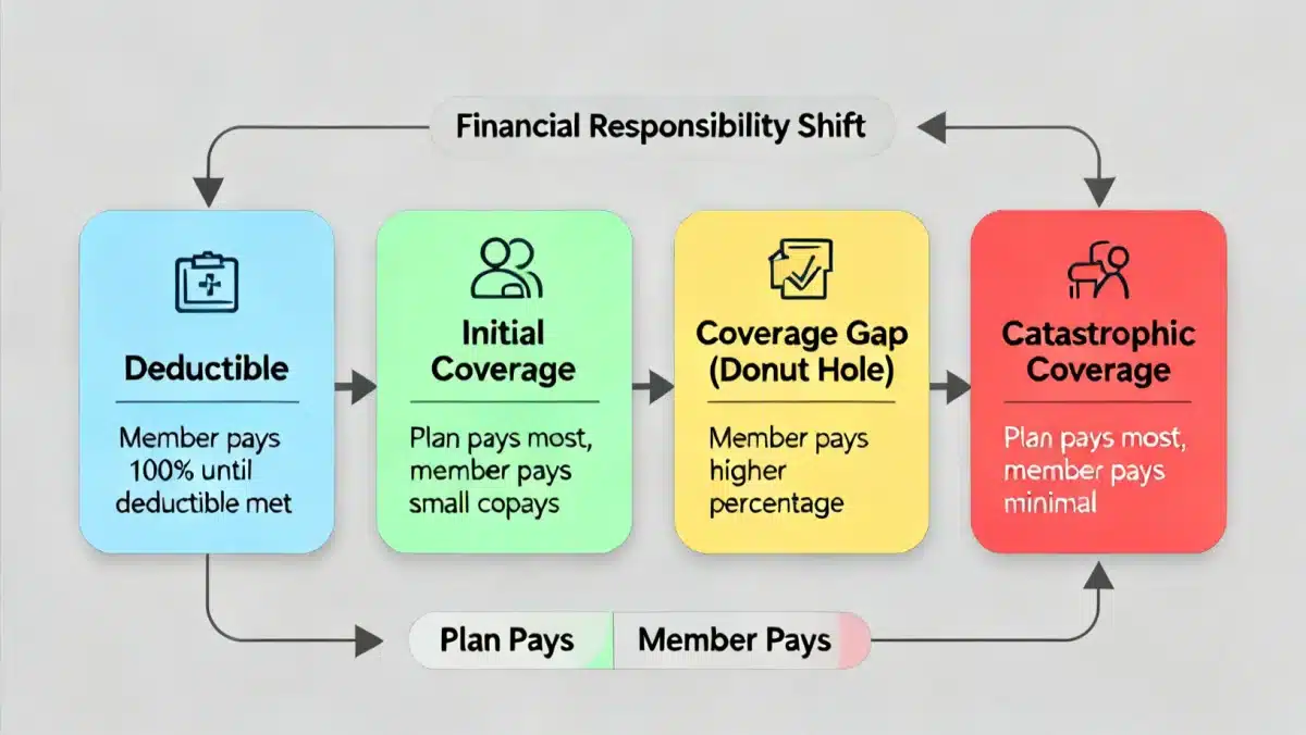 Diagram illustrating Medicare Part D coverage phases and cost-sharing