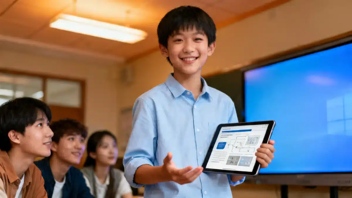 Student confidently presenting project findings using digital display