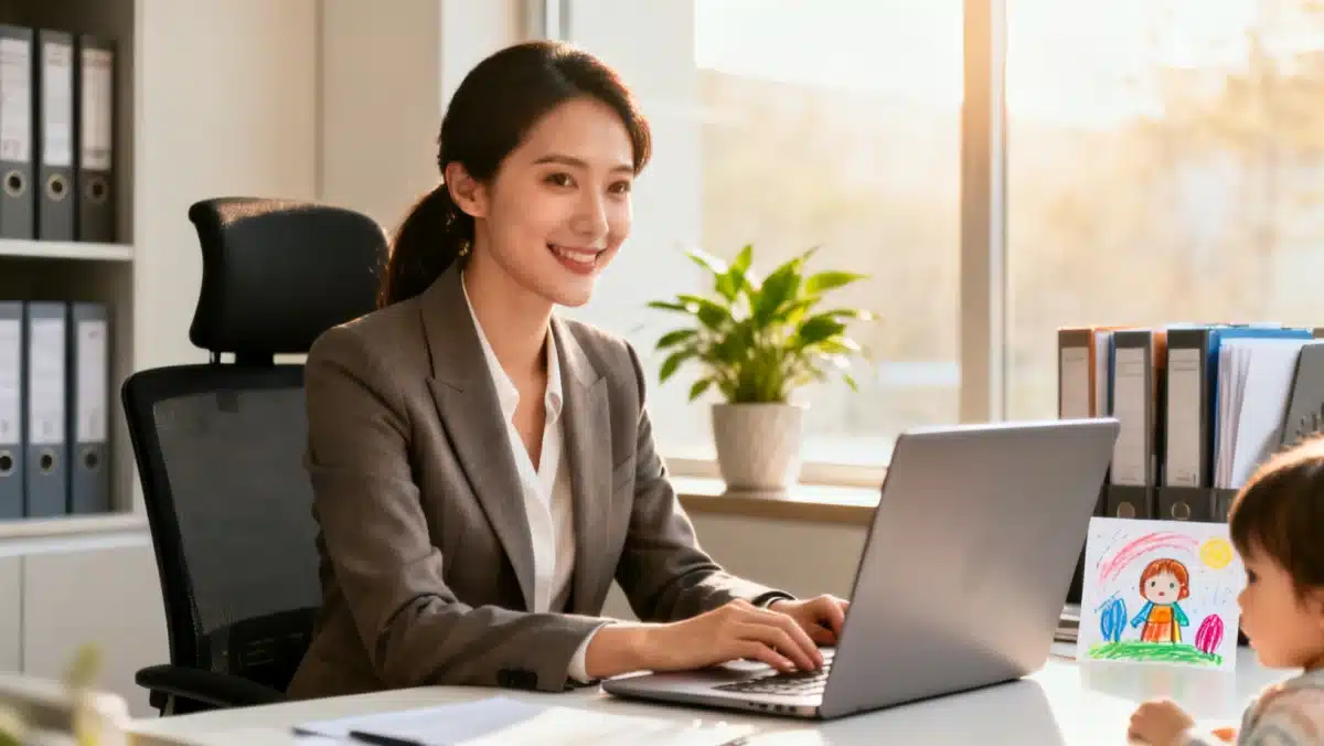 Working mother balancing career and family with modern parental leave