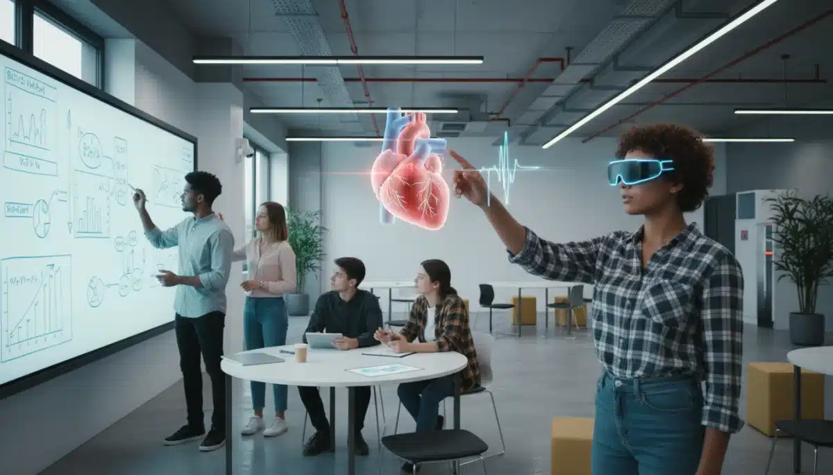 Augmented reality in education, student interacting with 3D model.
