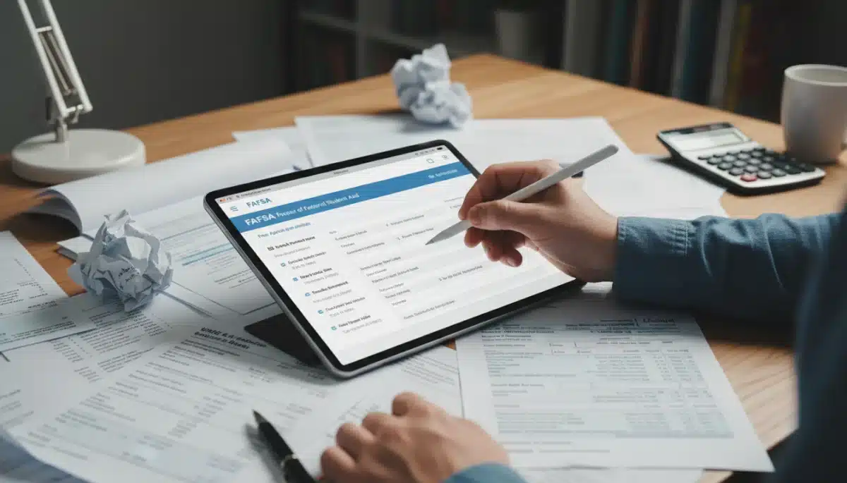 Hand filling out a digital FAFSA form, highlighting the streamlined application process.