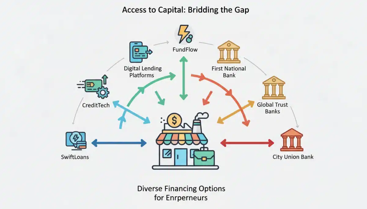 Diverse financing options for small businesses, including digital lenders and traditional banks.