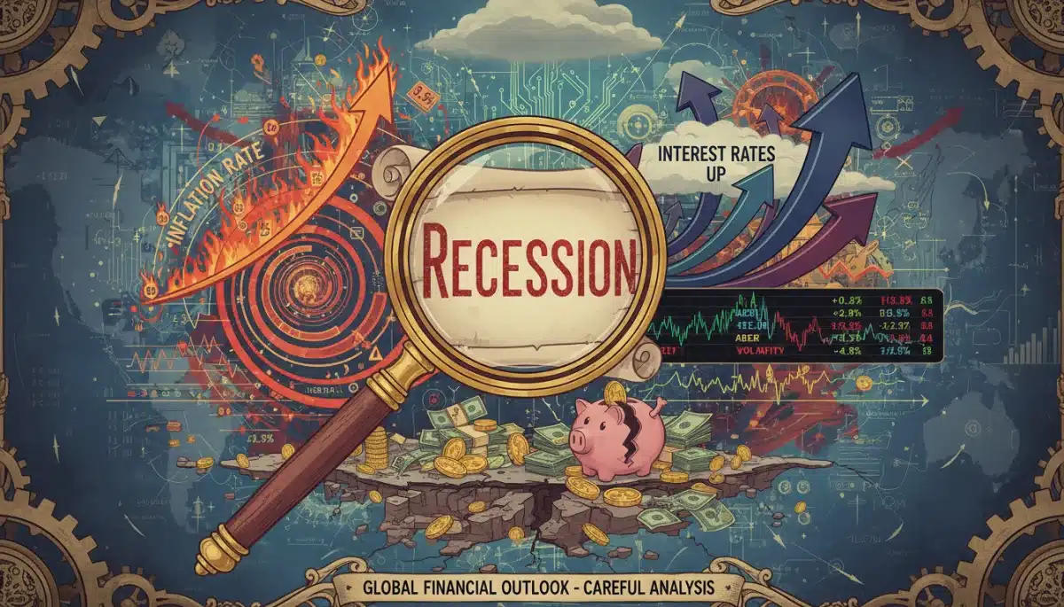 Economic indicators showing inflation, interest rates, and stock market volatility, highlighting recession concerns.