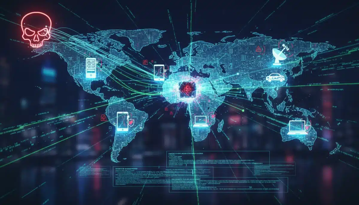 Depiction of a sophisticated cyberattack affecting global networks