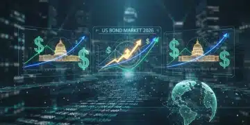 Futuristic US bond market trends visualization with economic symbols