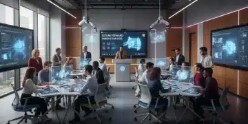 Students and teachers collaborating in a modern classroom, highlighting future education trends