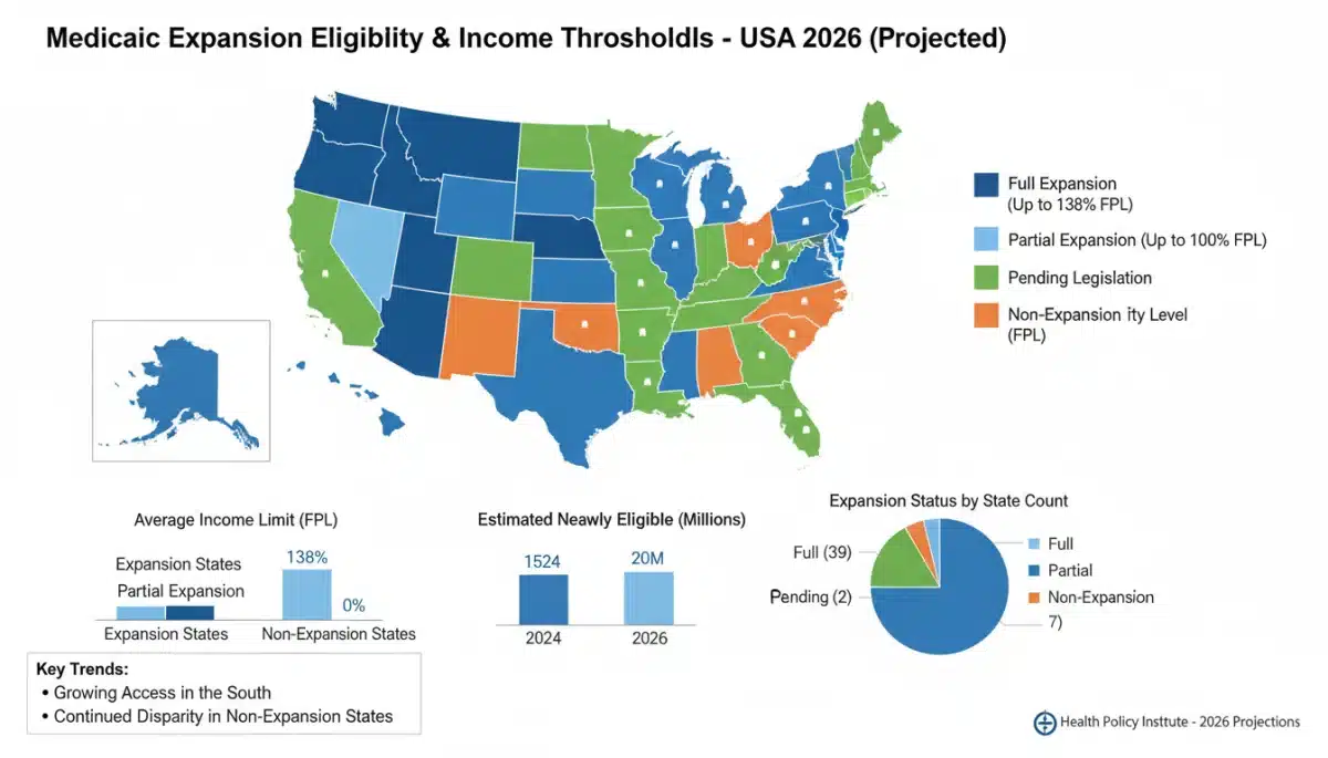 Infographic showing state-by-state Medicaid eligibility changes and income thresholds for 2026.