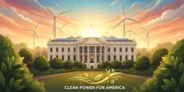 White House with solar panels and wind turbines, symbolizing renewable energy goals
