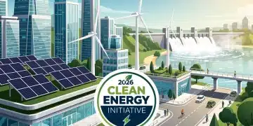Illustration of clean energy initiative with solar, wind, and hydro power transforming a city.
