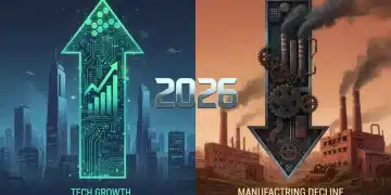Illustration depicting the 2026 job market, showing tech sector growth with upward trends and manufacturing decline with downward trends.